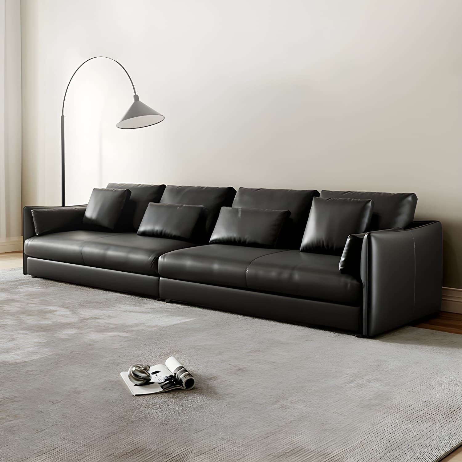 Modern Genuine Leather Sectional Sofa in Black with Recessed Arm