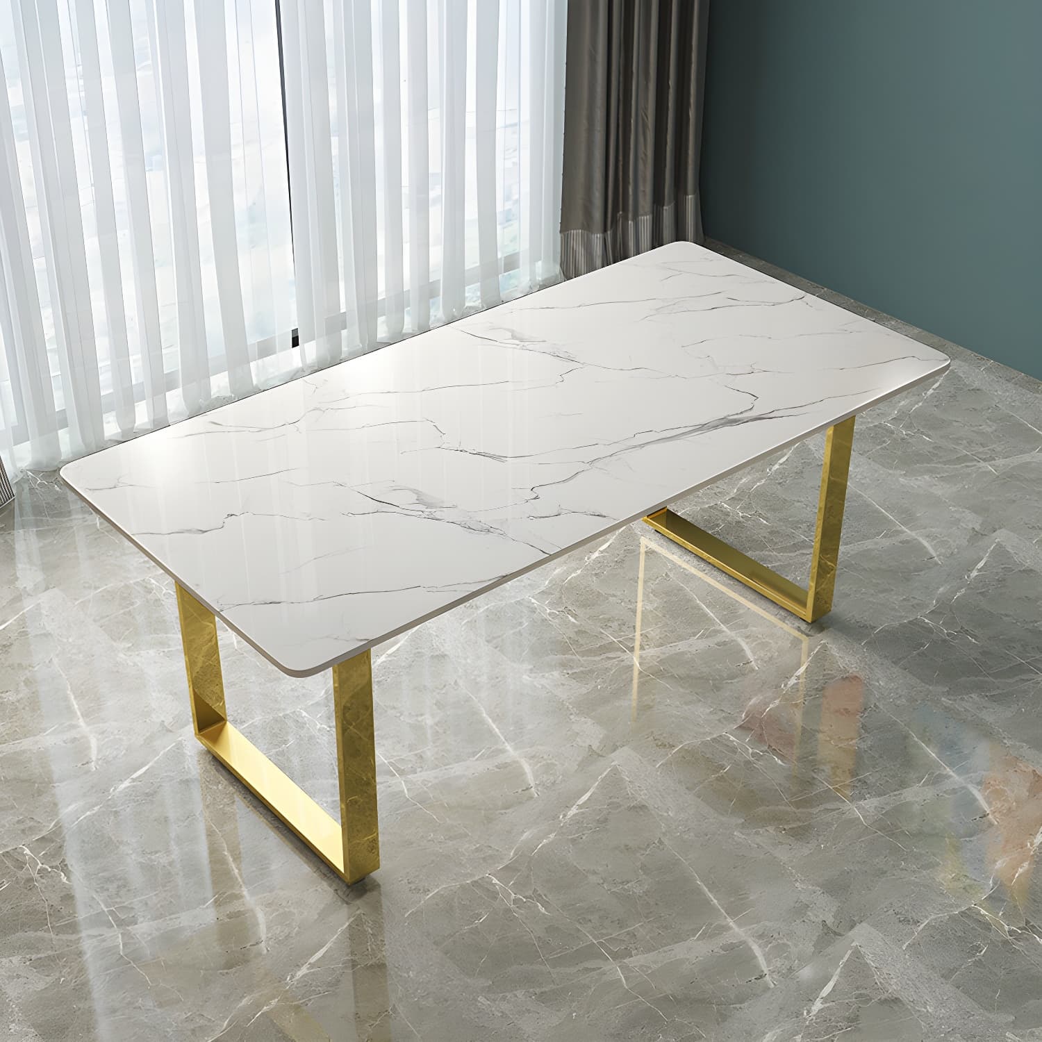 Marble Top Dining Table Modern Rectangle Dining Table with Sled Base - image 4