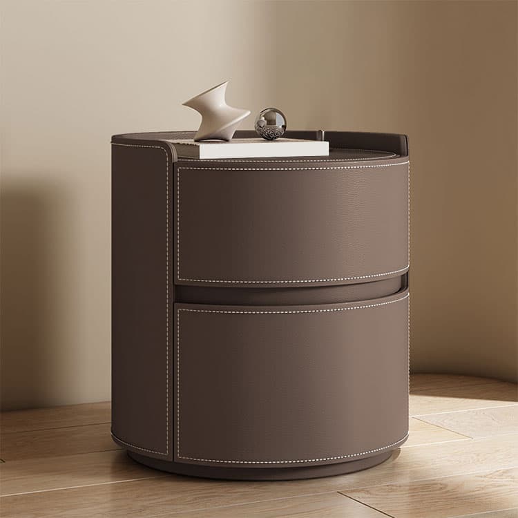 Chic Modern Round Nightstand with Light Wood Tone Faux Leather and Numerate Two Drawer Storage