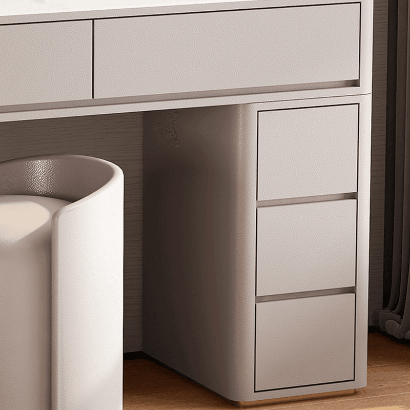 Vanity Set with Stone Table Top, Light Gray Upholstered Chair, 5 Drawers, Mirror Lights, and Push-Pull Lighting - image 7