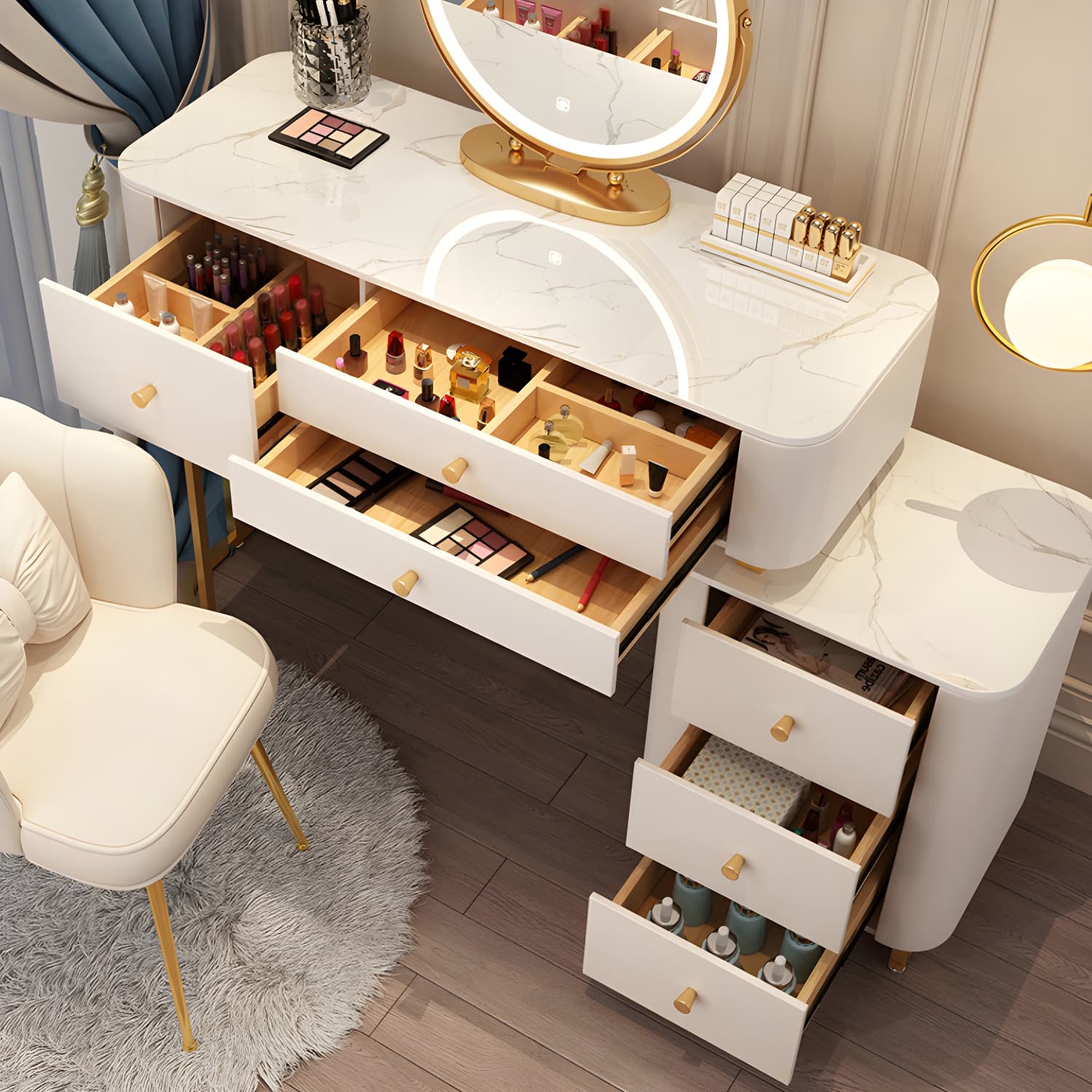 Solid Wood Makeup Vanity Desk Storage Dressing Table Stool Set with Drawer - image 11