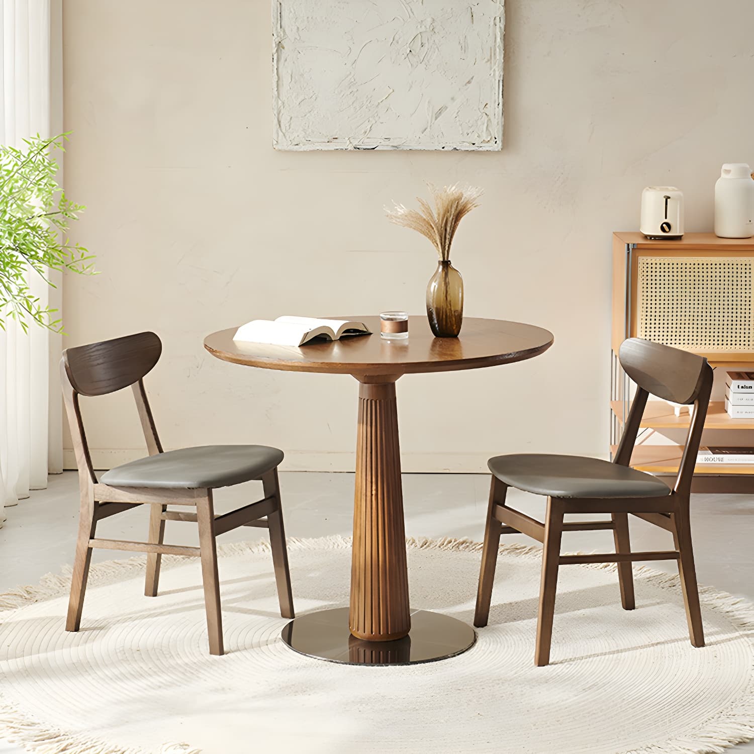 Contemporary Round Brown Ash Top Dining Table with Wood Pedestal