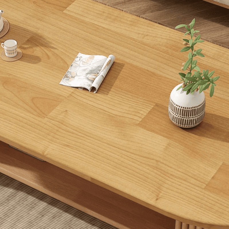 Elegant 2 Tiers Oval Natural Wood Board Game Coffee Table with Twin Support and Repository Storage, 1 Shelf - image 8