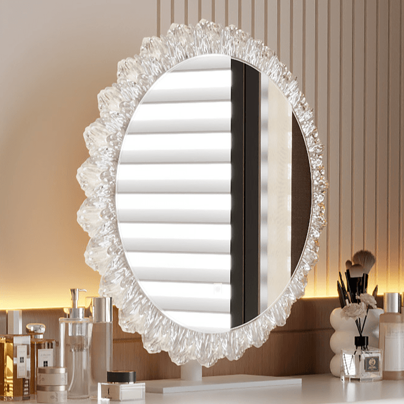 Modish Large/Standard Vanity Set with Lumber Table Top, White Seating, 5 Drawers, Light Up Mirror, and Chair