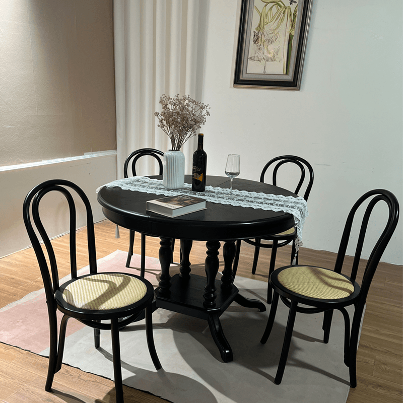 Minimalist Dark Wood Dining Table Set with Wood Slab, 4 Legs, Padded Chair, and Back