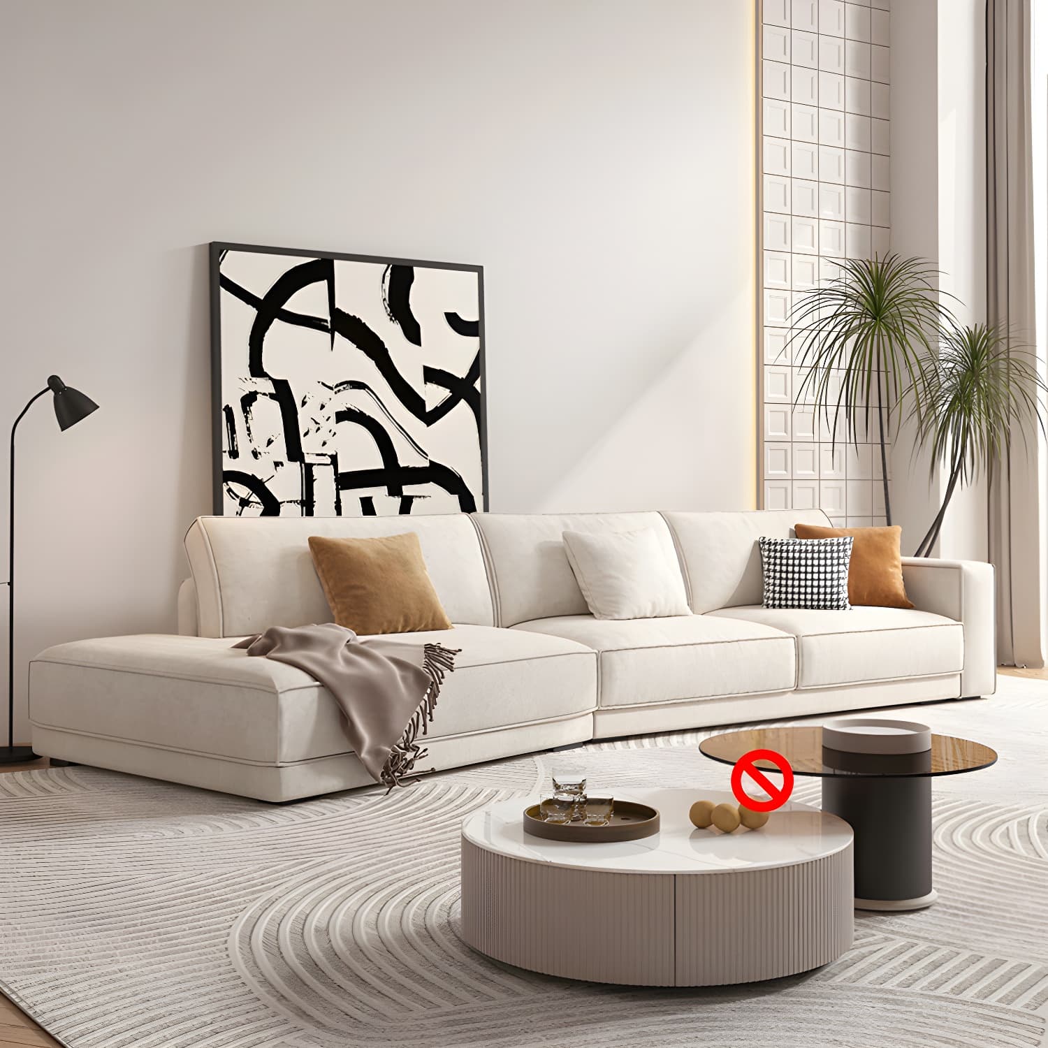 Modern Beige Linen L-Shape Sofa Chaise with Square Arm in Wood Frame