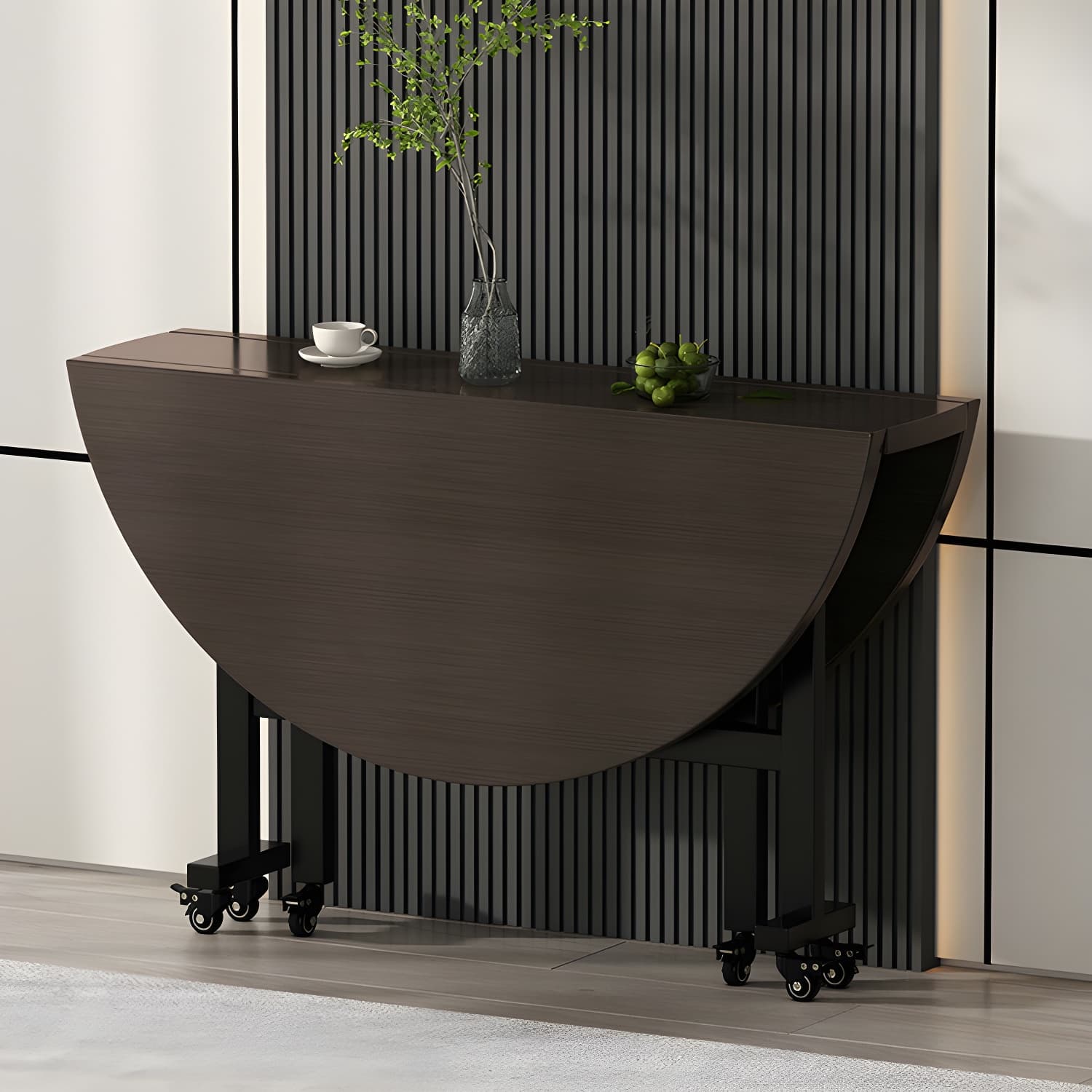 Modern Foldable Manufactured Wood Round Top Dining Table with Movable Steel Black Trestle - image 3