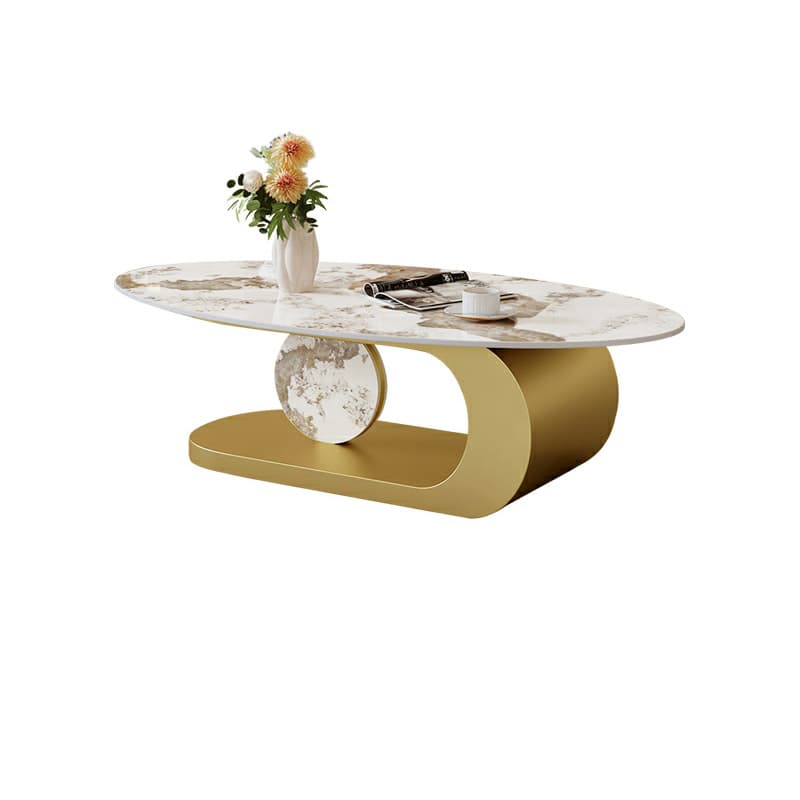Elegant Stone Oval Coffee Table with Iron Block Base for Living Room