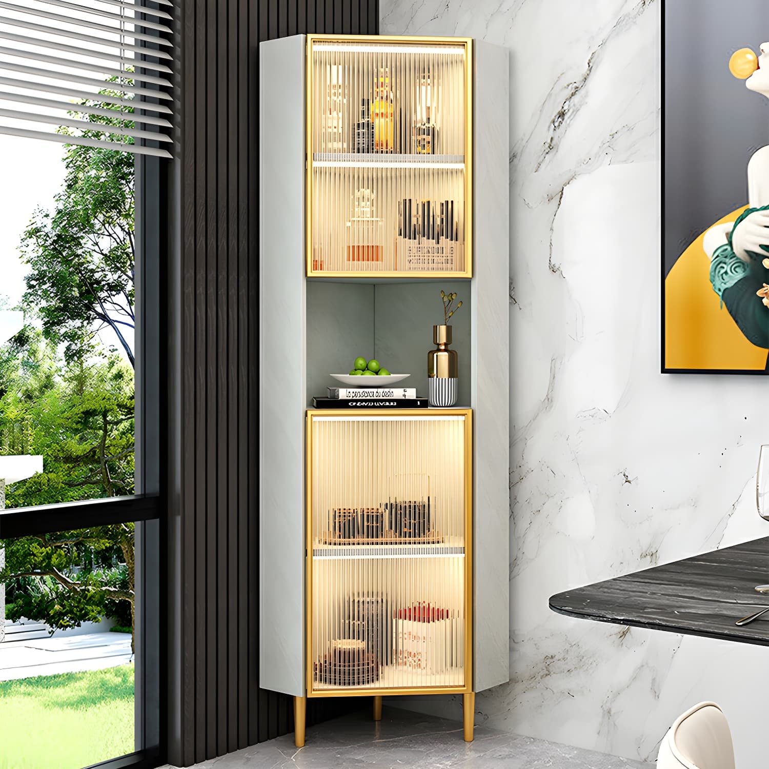 Glam Golden Corner Cabinet with Glass Doors and Exterior Shelving - image 8