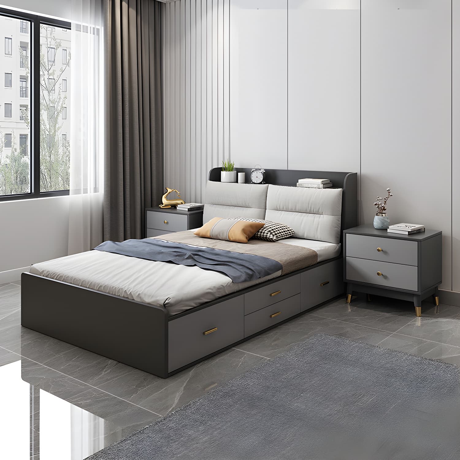 Scandinavian Low Profile Bed with Headboard Upholstered Bed with Drawers - image 4