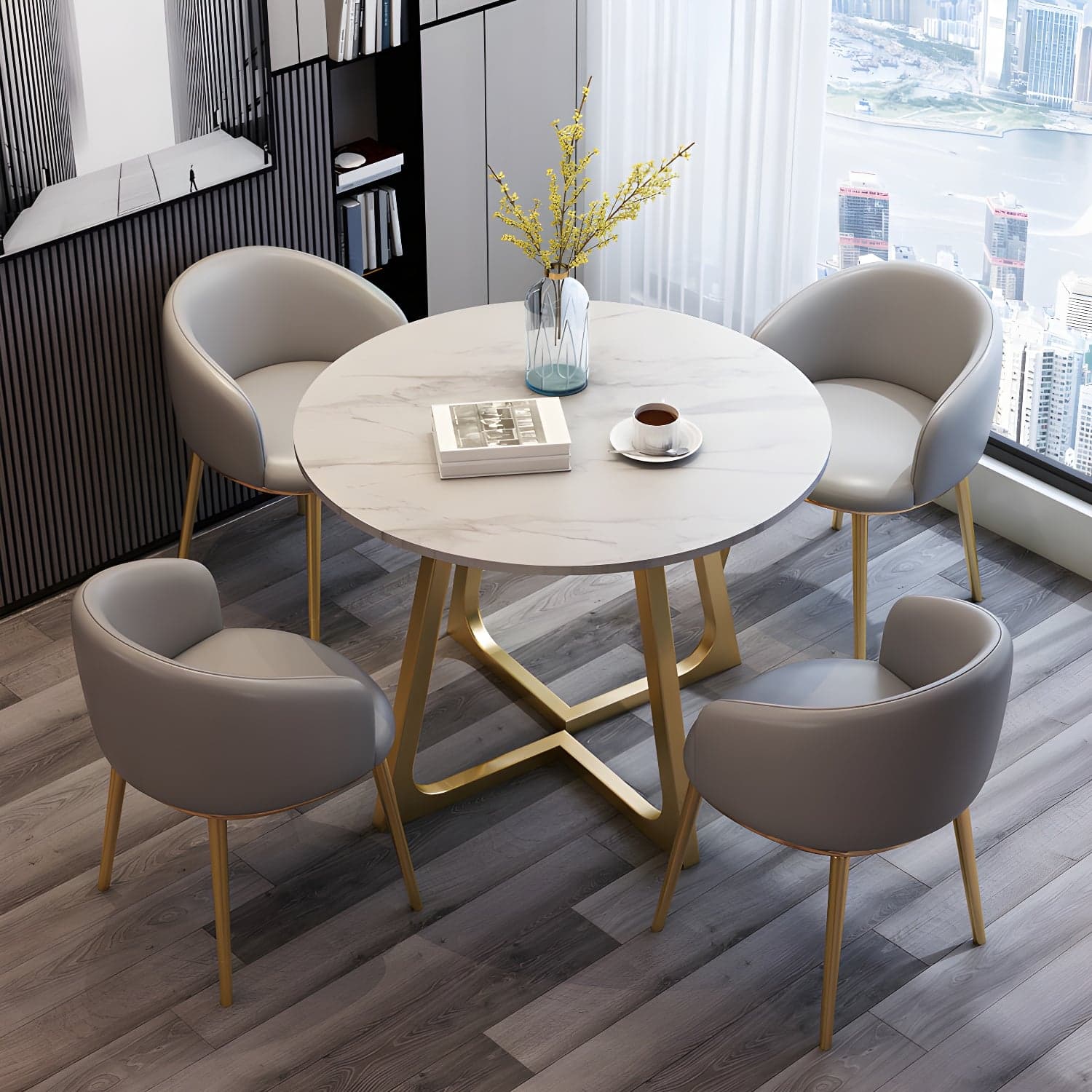 5-Piece Glam Dining Set Round White Table with Gold Metal Base and Upholstered Chairs - image 4