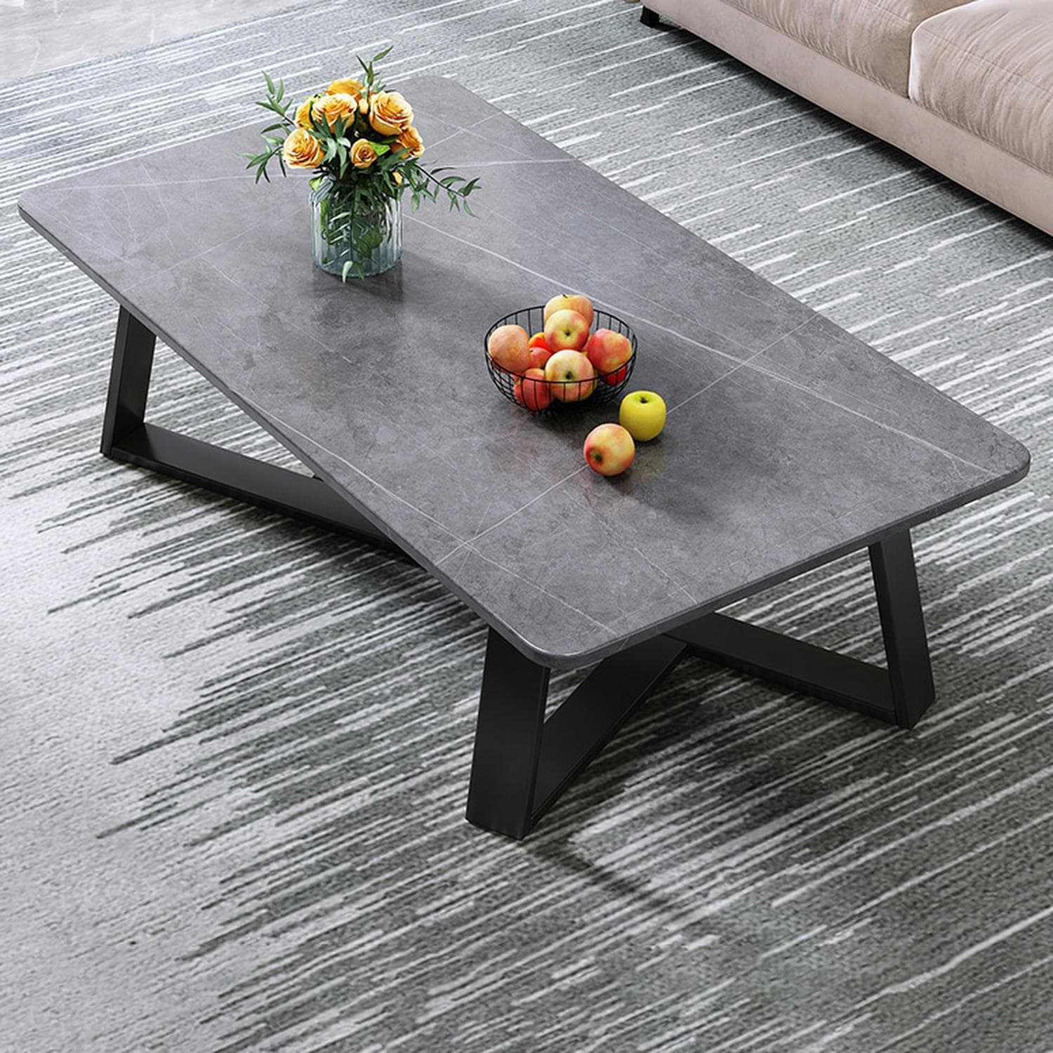 Black Iron Base Stone Top Modern Coffee Table with Cross Legs