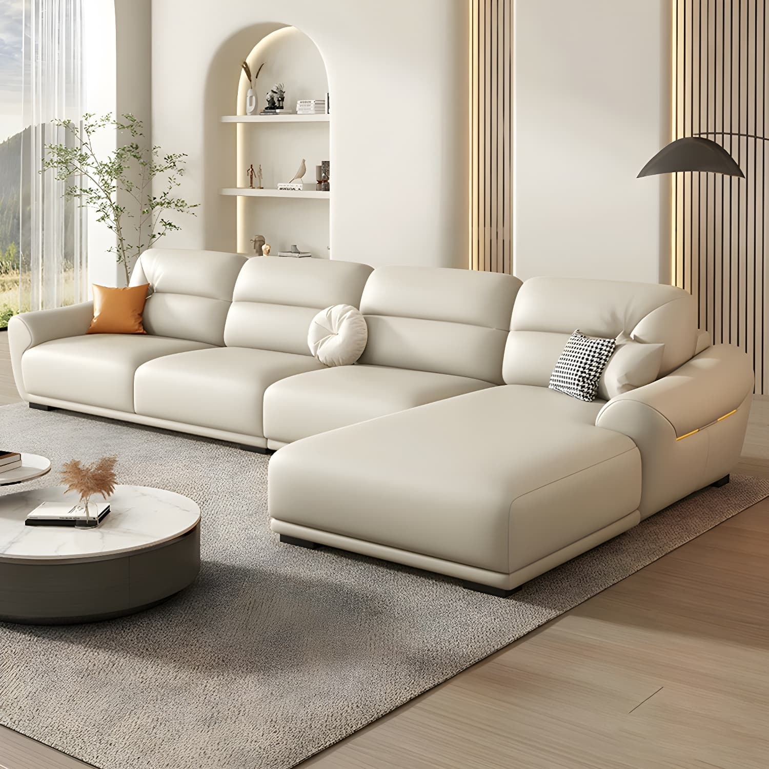 Modern Beige Upholstered Sectional Sofa with Flared Arms and Cushion Back Design - image 3