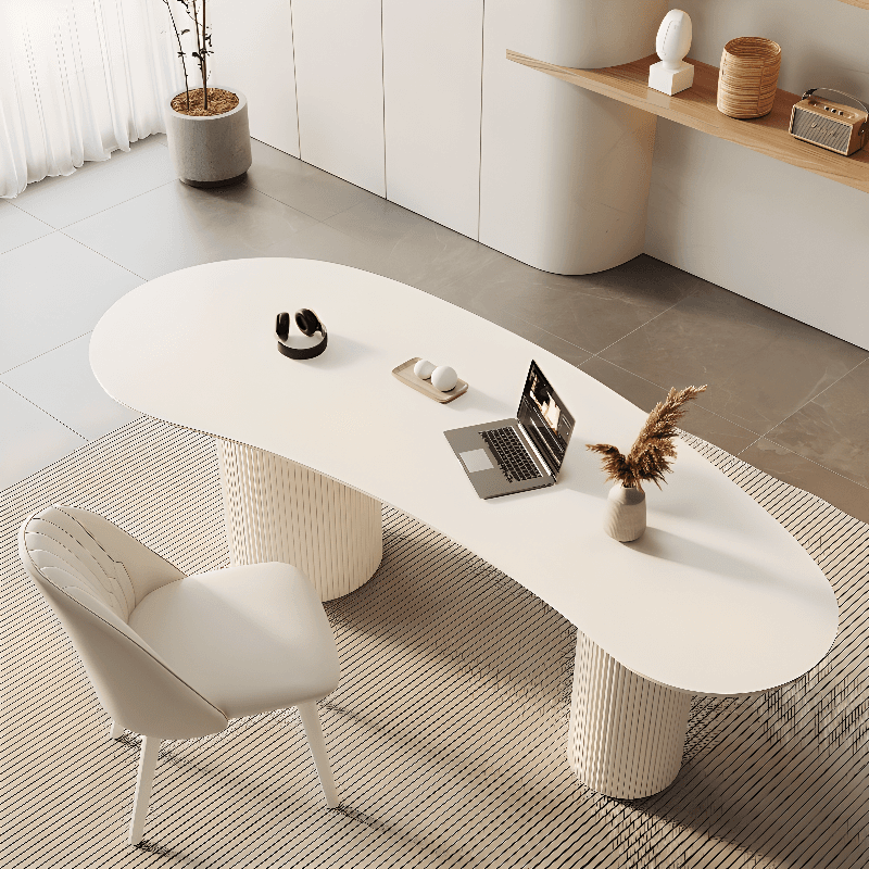 Fixed Free Form Dining Table Set with Double Pedestal, a Chalk Slate Tabletop and Upholstered Chairs in an Art Deco Style - image 4
