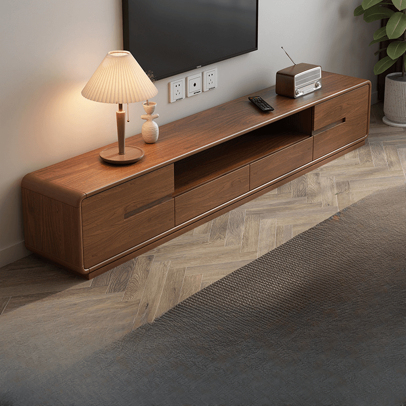 Old School Rectangular Open Shelving Natural Wood TV Stand with Natural Finish and Gate Doors - image 9