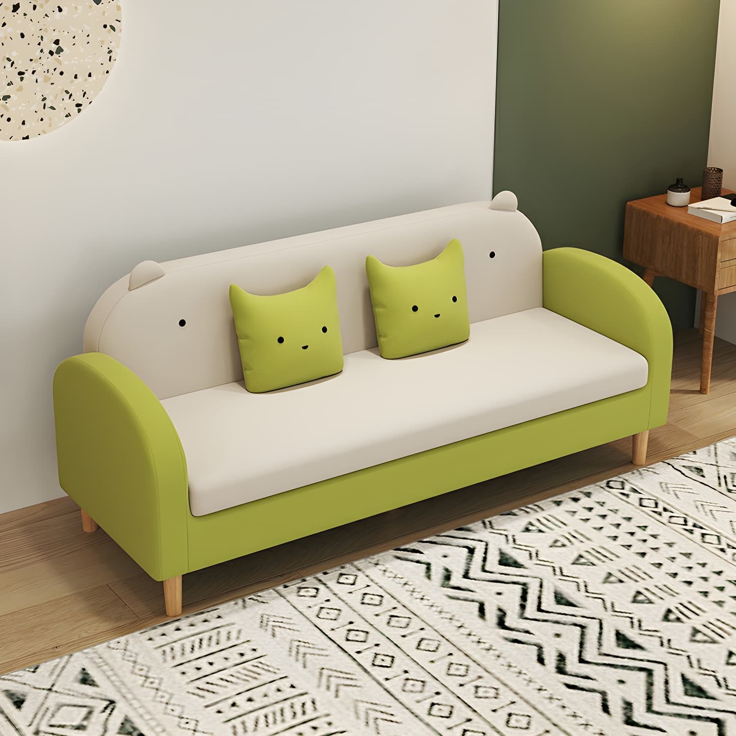 Art Deco Natural Wood Finish Framed Sofa Couch with Recessed Arm, Slipcover and 2 Pillows - image 14