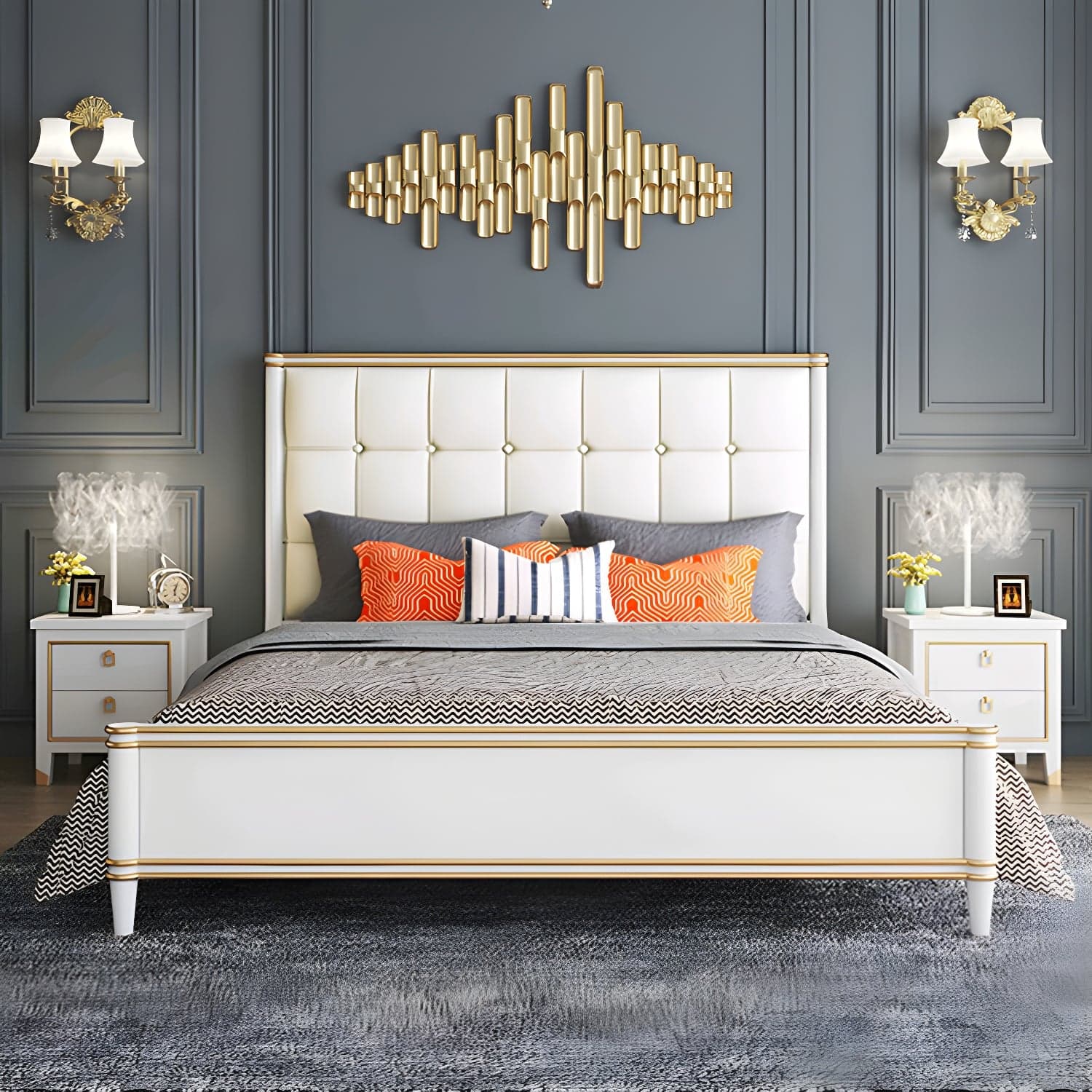 Modern Standard Bed with Tufted Upholstered Headboard and Soild Wood Legs - image 5
