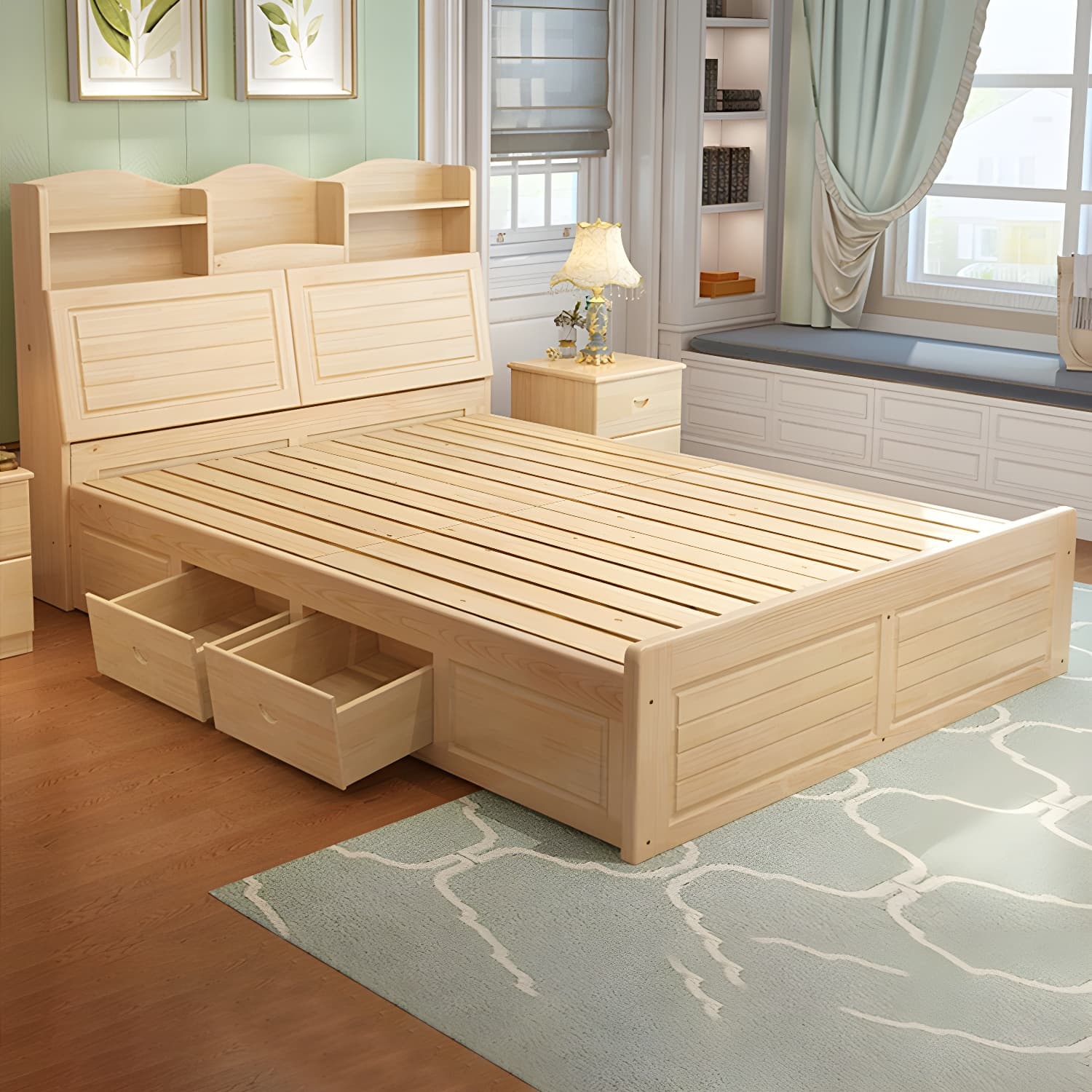 Solid Wood Bed Frame Headboard Standard Bed with Storage in Light Brone - image 11