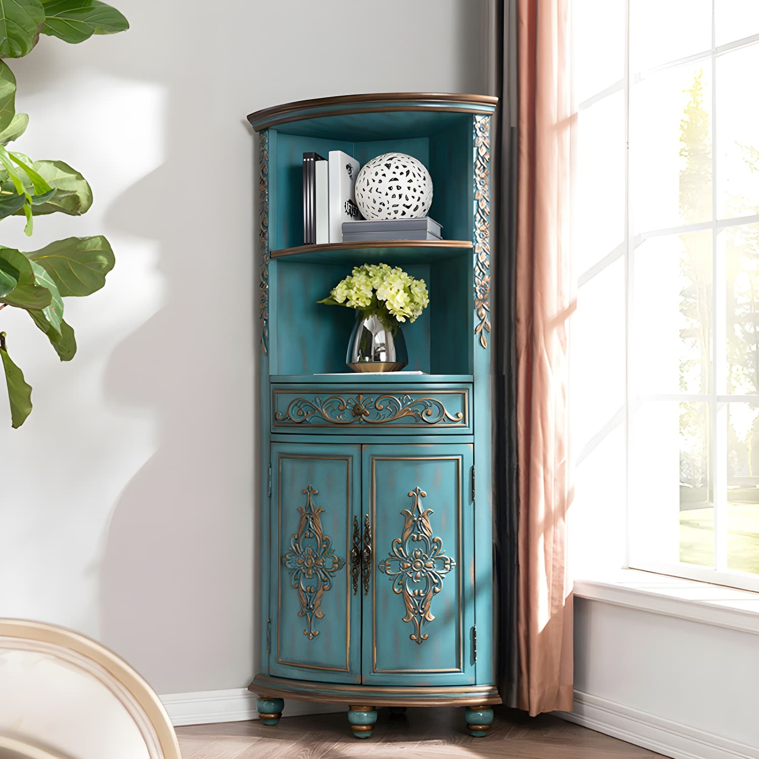 Traditional Bar Pulls Solid Wood Corner Accent Cabinet with Doors - image 7