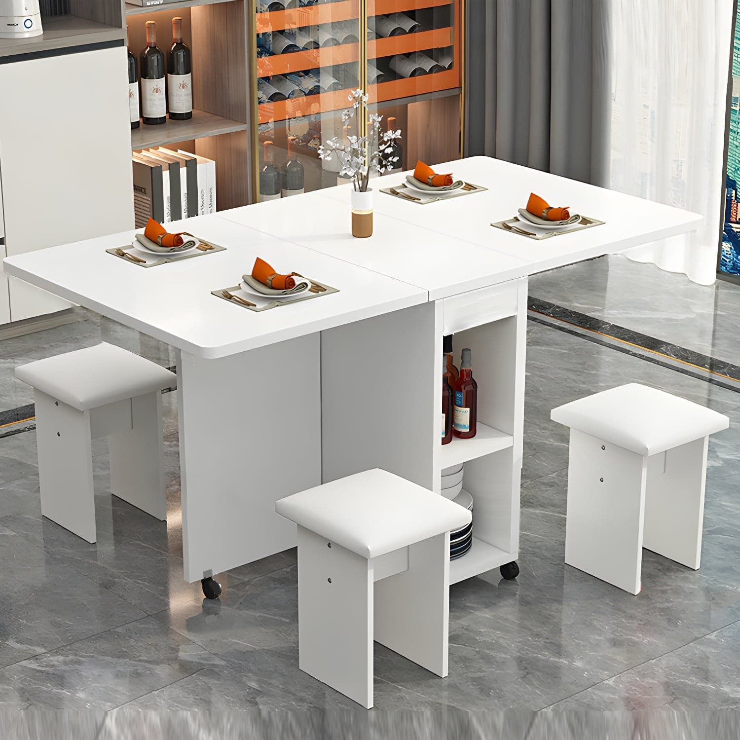 5-Piece Modern Wood Dining Set with Rectangle Table and White Backless Stools - image 3