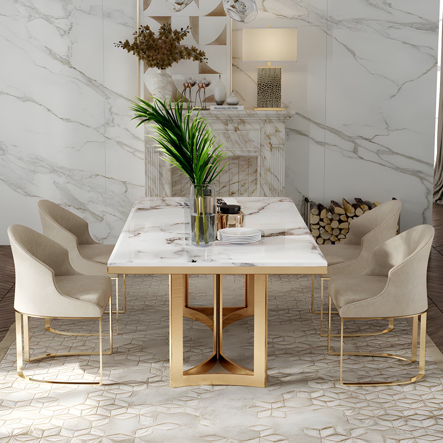 Traditional Luxury Dining Table Rectangle Double Pedestal Table with Gold Frame - image 4