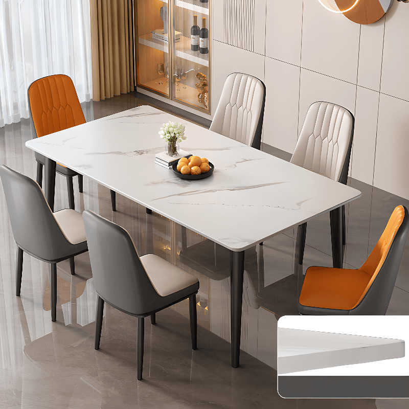 Trendy Rectangular Dining Table with Slate Stone Top, Standard Height, Fixed Table in White, Scratch-shielded