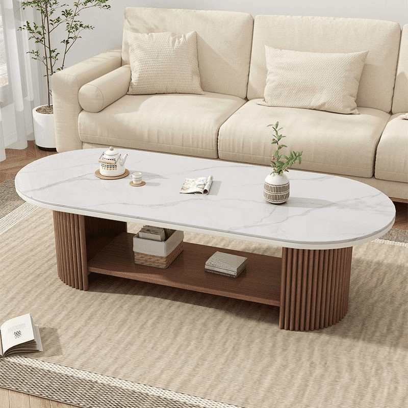 Elegant 2 Tiers Oval Natural Wood Board Game Coffee Table with Twin Support and Repository Storage, 1 Shelf - image 4