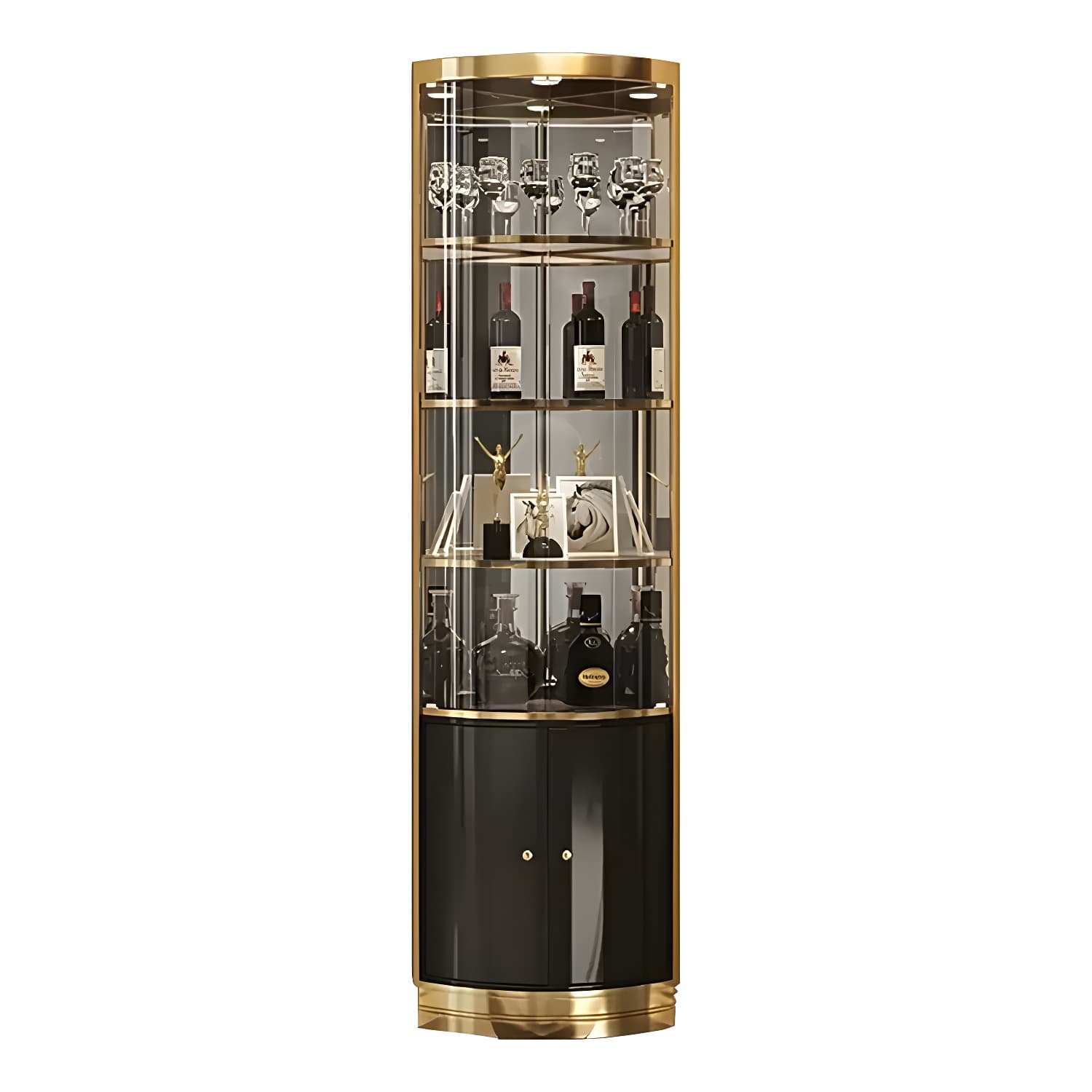 Modern Gold Corner Accent Cabinet with Glass Doors and Metal Counter Top