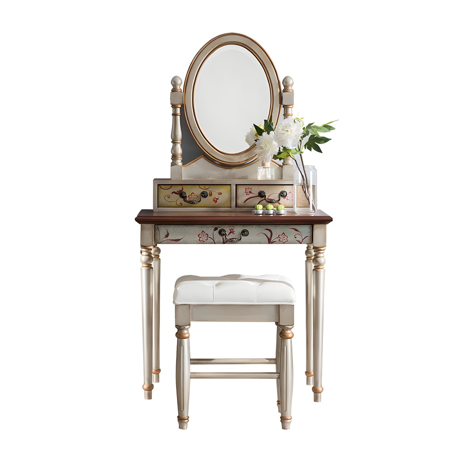 Victorian Wood Vanity Table with Mirror and Stool 15.75" D Vanity Table Set - image 10