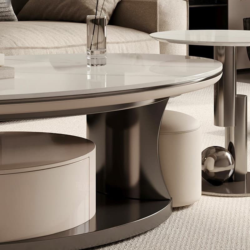 Luxurious Oval Stone Cocktail Table in White with Storage Drawer - image 9