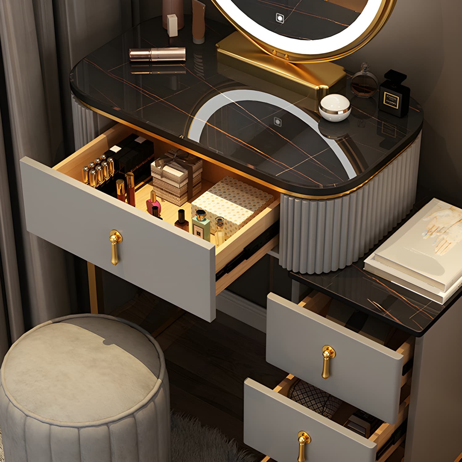 Lighted Mirror Makeup Vanity Desk with 4 Drawers Glam Makeup Vanity Set - image 11