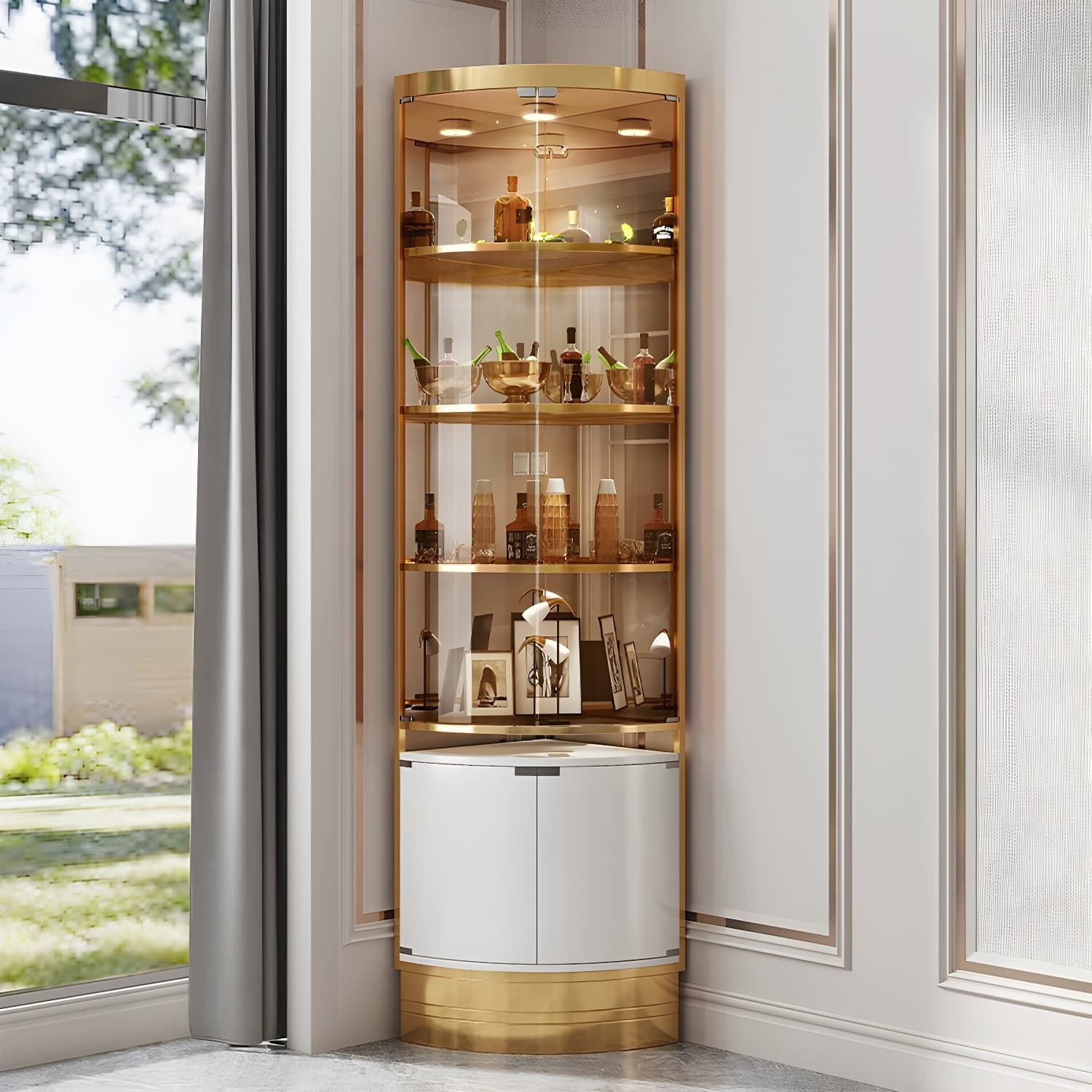 Glam Metal Corner Glass Paned Knobs Accent Cabinet with Shelves - image 8