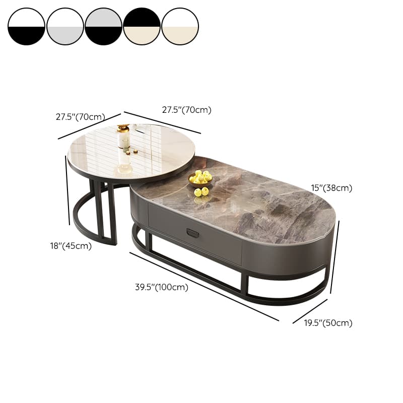 Set of 2 Modern Nesting Stone Coffee Tables with Metal Frame and Drawers - image 15