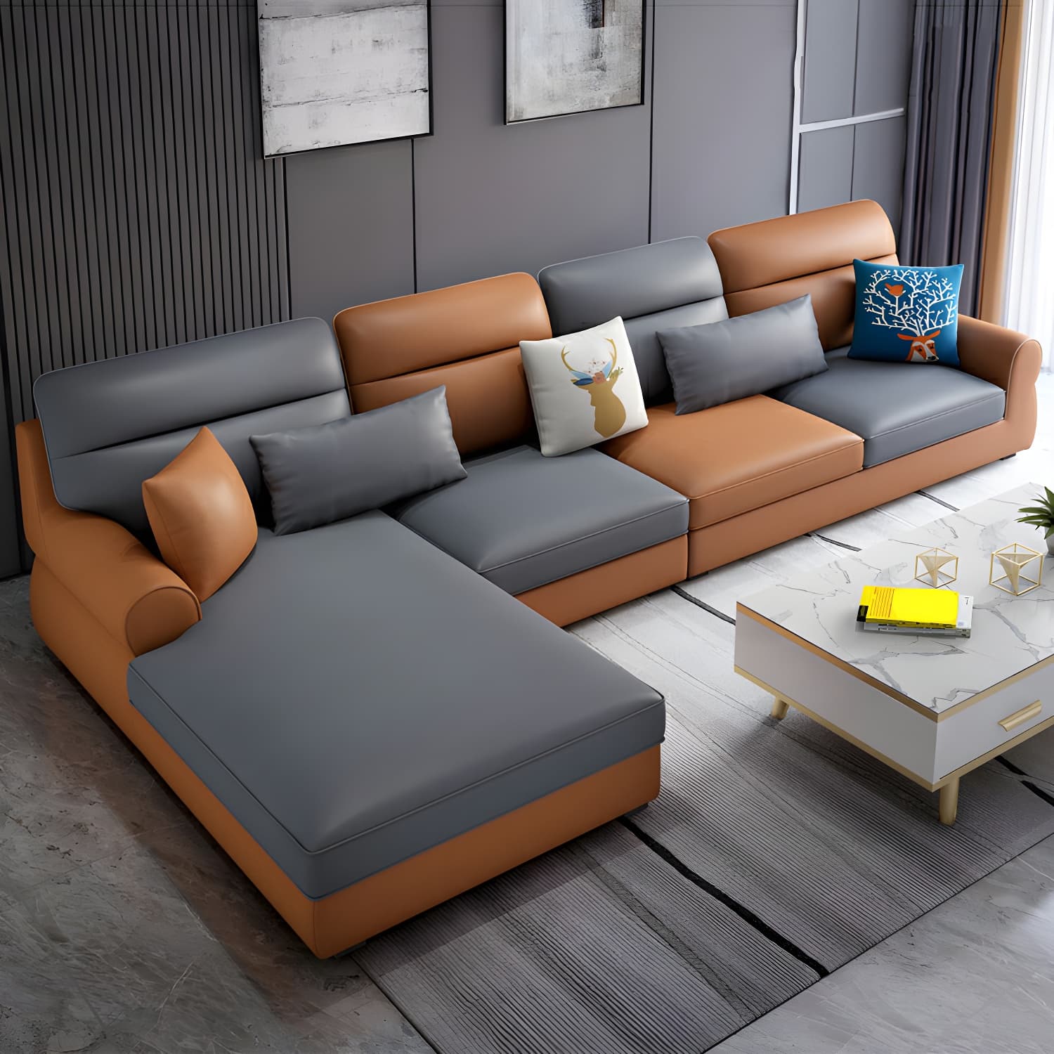 Large Modern L-Shape Stationary Wood Sectional Sofa with Round Arm and Cushion Back