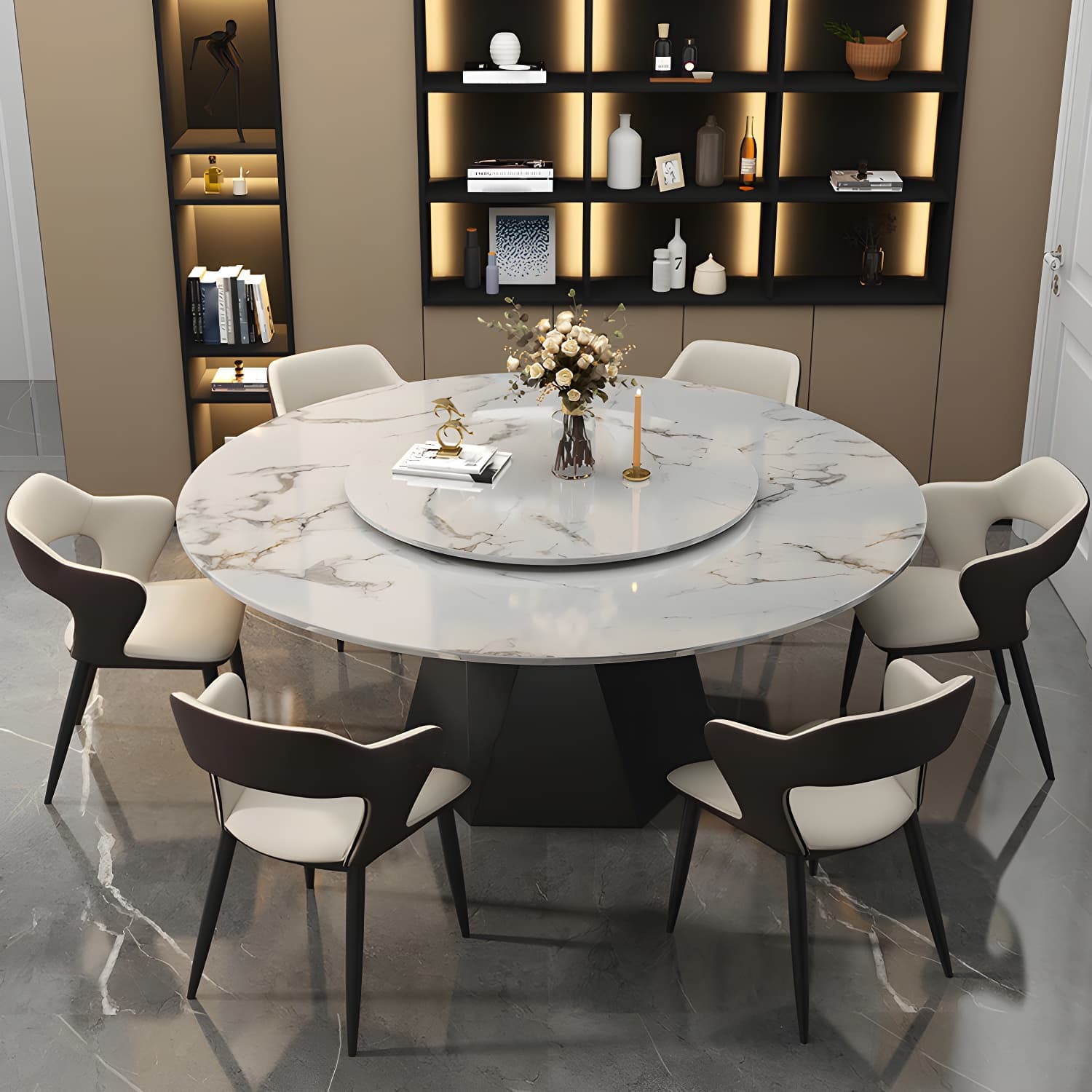 Round White Marble Modern Dining Table with Black Steel Pedestal Base and Convenient Lazy Susan