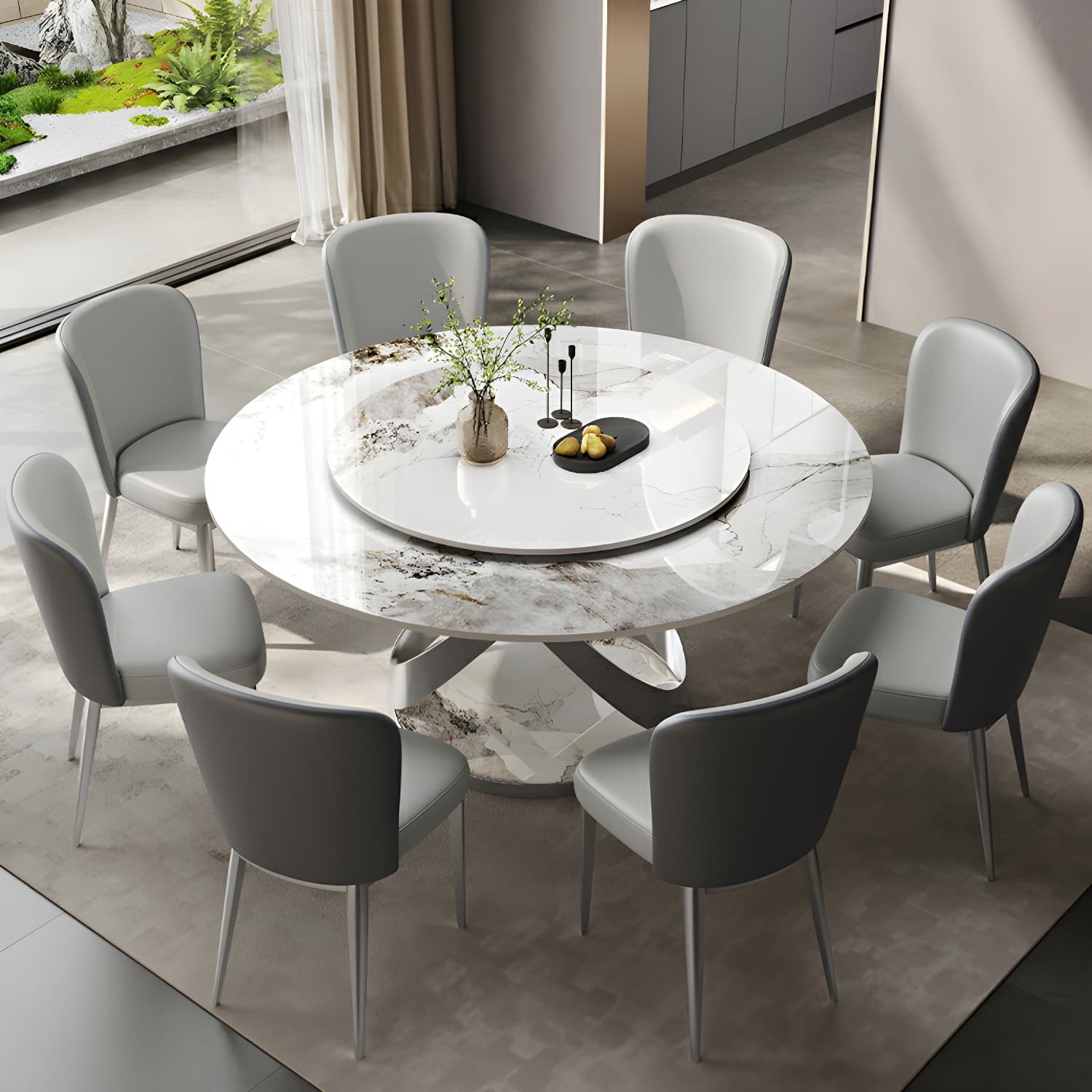 Stunning White Stone Round Dining Table with Lazy Susan and Silver Steel Pedestal Base - image 5