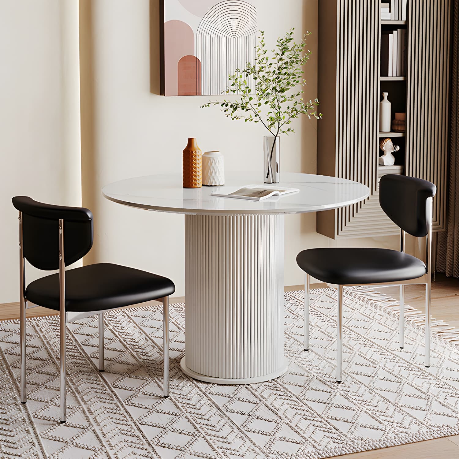 Round White Stone Modern Dining Table with White Steel Pedestal Base Standard Height - image 4