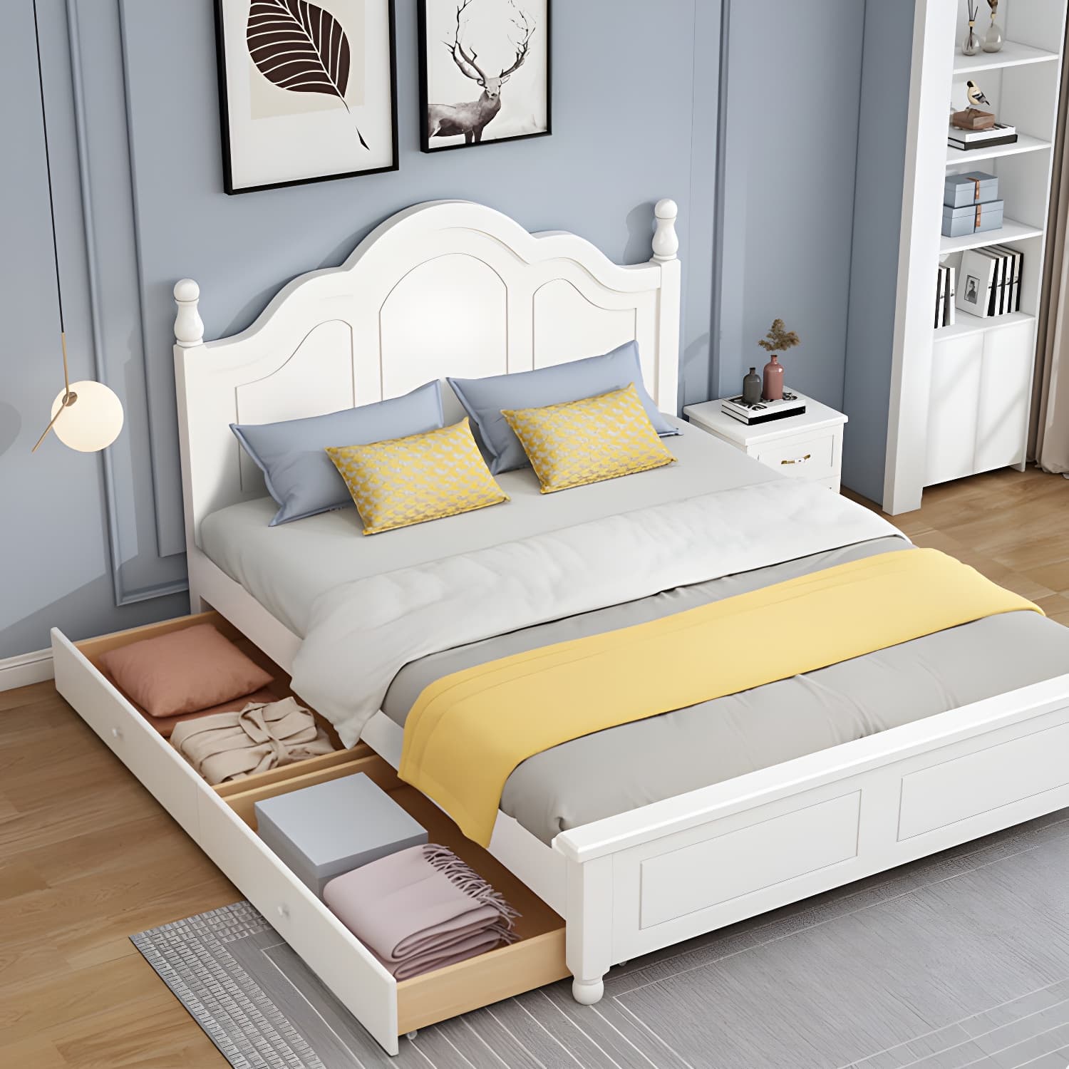 Modern Wooden Scratch Resistant White Headboard Bed with Drawers - image 4