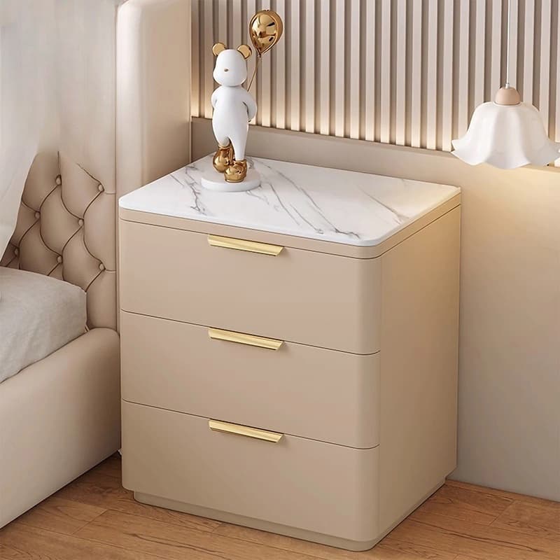 Modern 3 Drawers Nightstand with Slate Countertop and Gold Handles for Bedroom