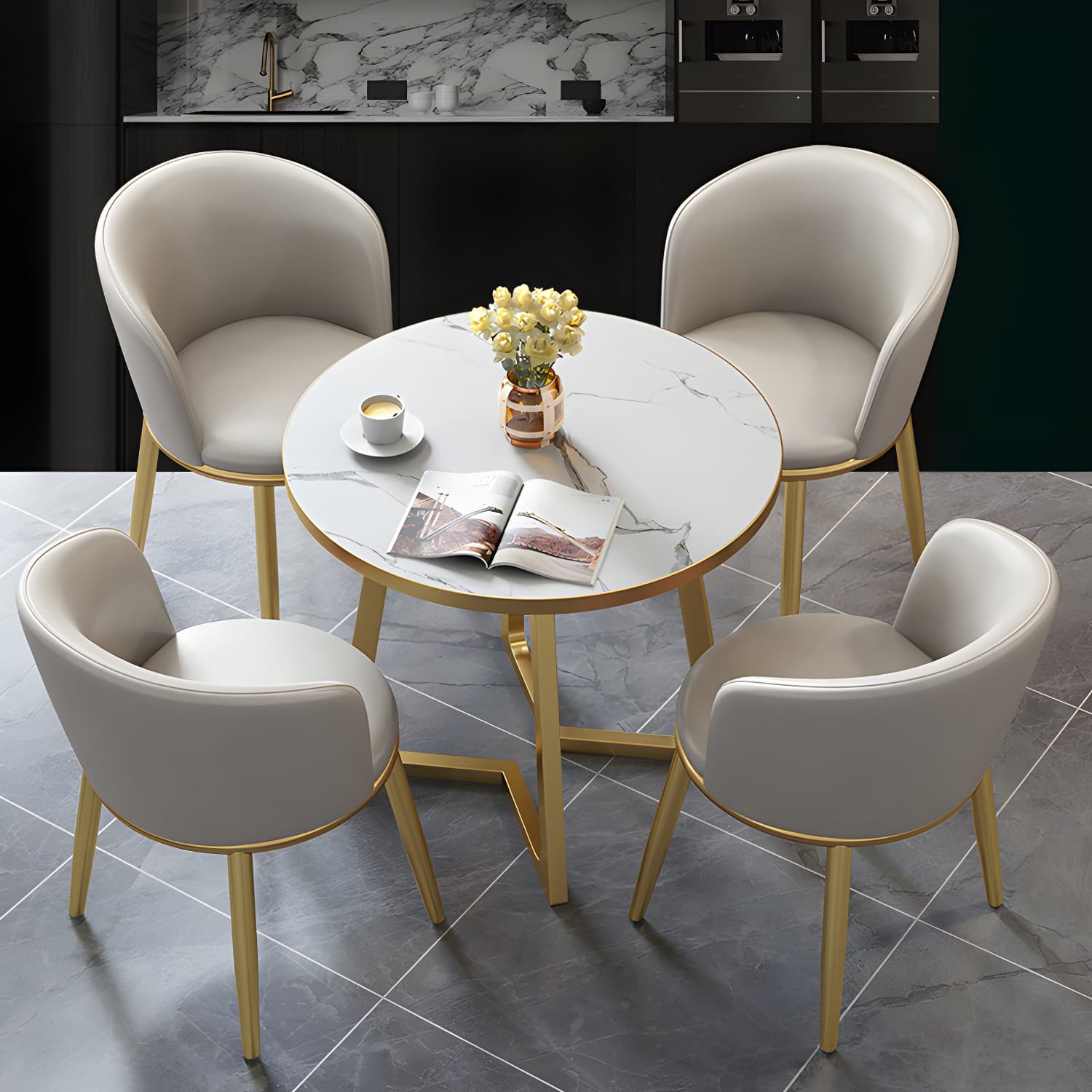 5 Piece Round Shape Wood Top Dining Room Chair and Table Set - image 13