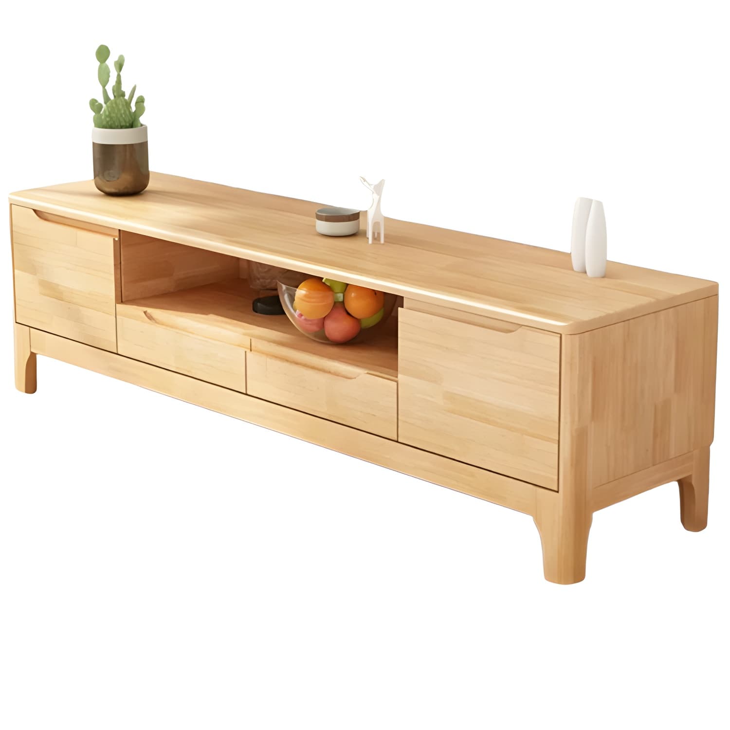 Scandinavian with Drawers Rubberwood with Cabinet TV Media Console
