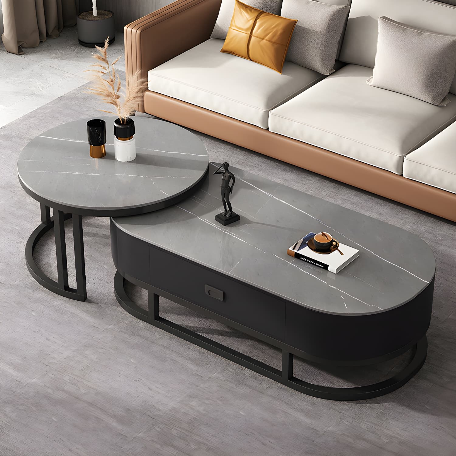 Slate Coffee Table Oval Nesting Coffee Table Set with Metal Legs - image 9