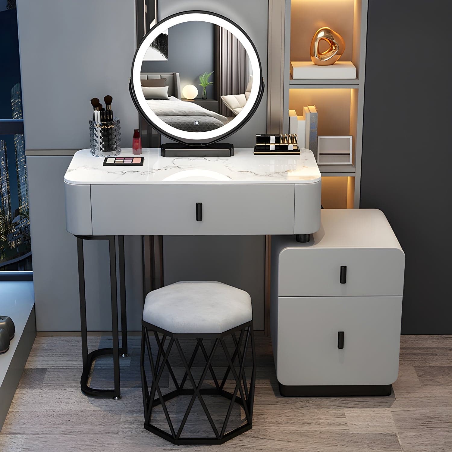Wood Makeup Vanity Lighted Mirror Vanity Table and Stool Set - image 4