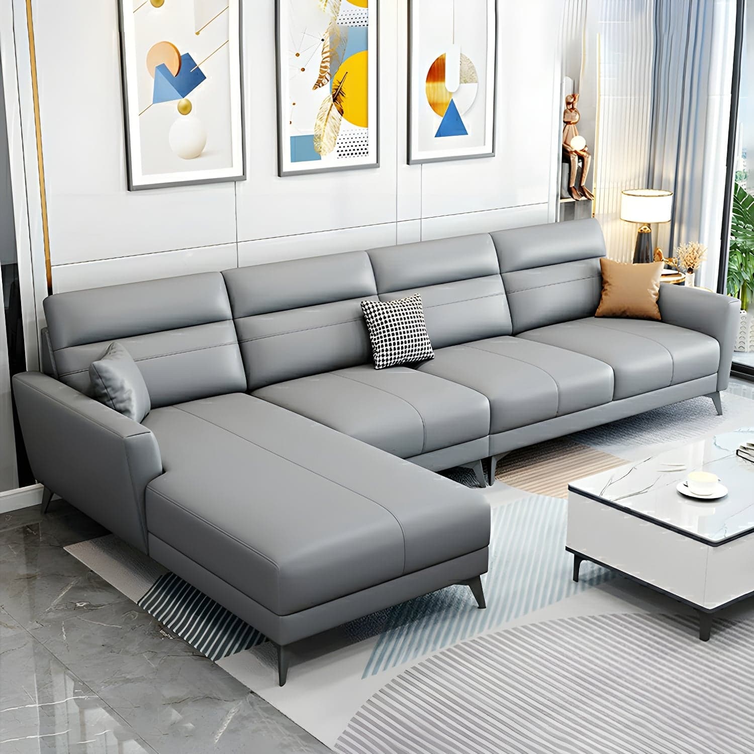 Modern L-Shape Stationary Sectional Sofa Chaise with Flared Arm Design - image 3