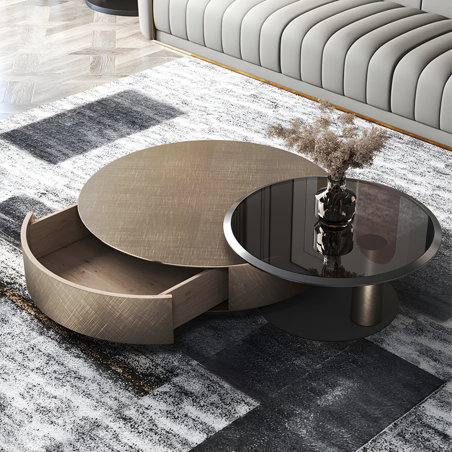 Round Coffee Table Brown Nesting Coffee Table Set for Living Room - image 3