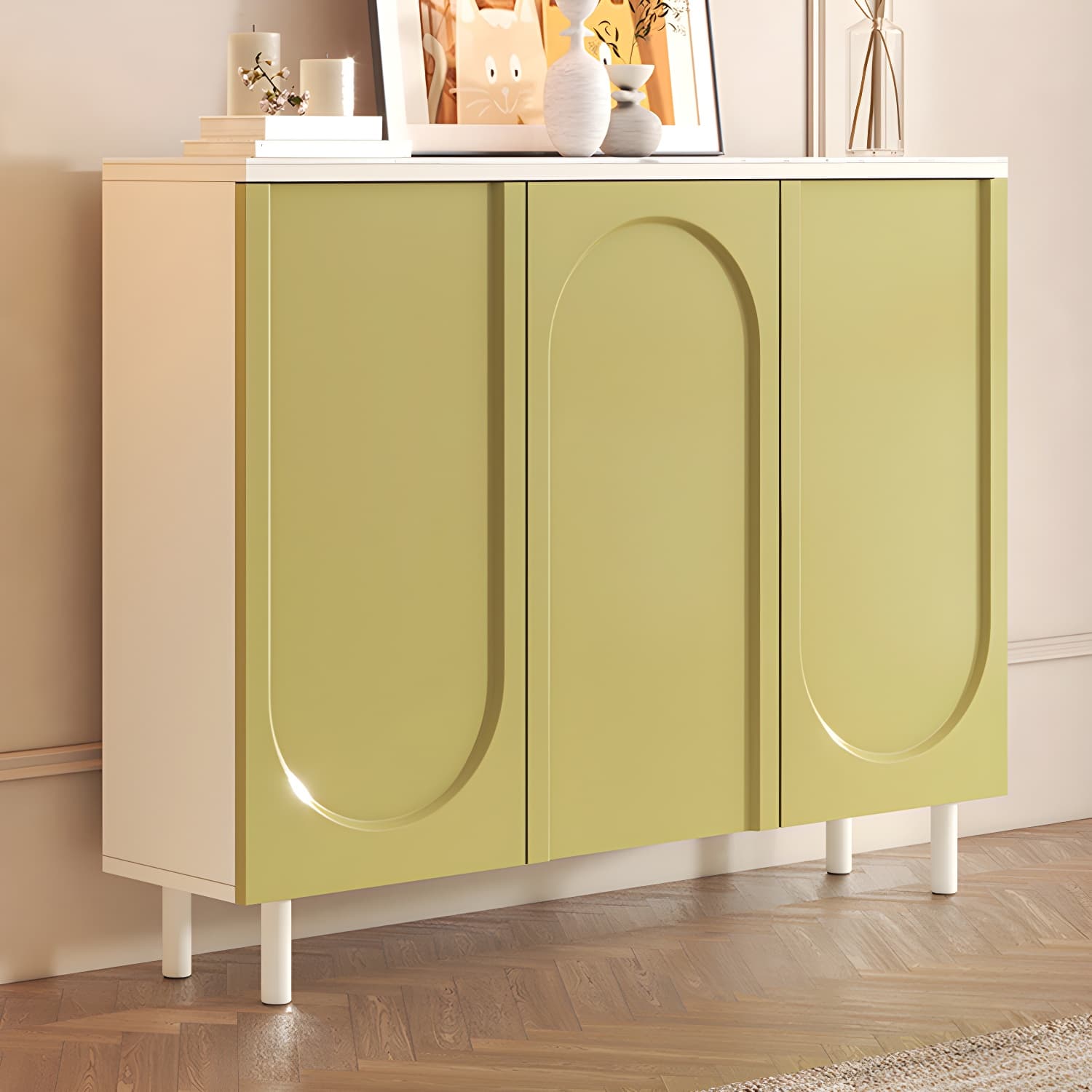 Scandinavian Wood Buffet Sideboard Cabinet with Stone Countertop Shelves Included - image 9