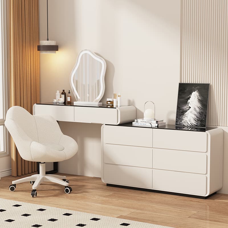 Large/Standard Vanity Set with Vitreous Table Top, White Seating, 8/5 Drawers, Mirror Lights, and Scalable Lighting