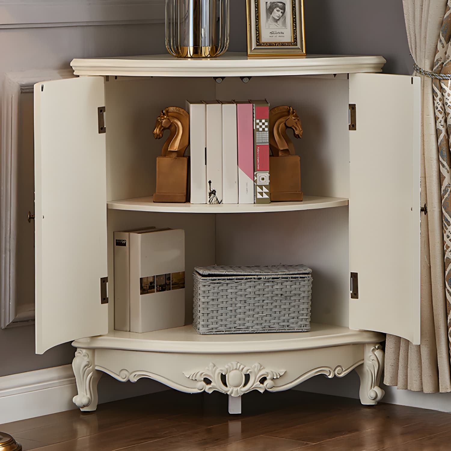 Corner Mid-Century Modern Accent Cabinet with Wood Counter Top and 3 Shelves - image 6