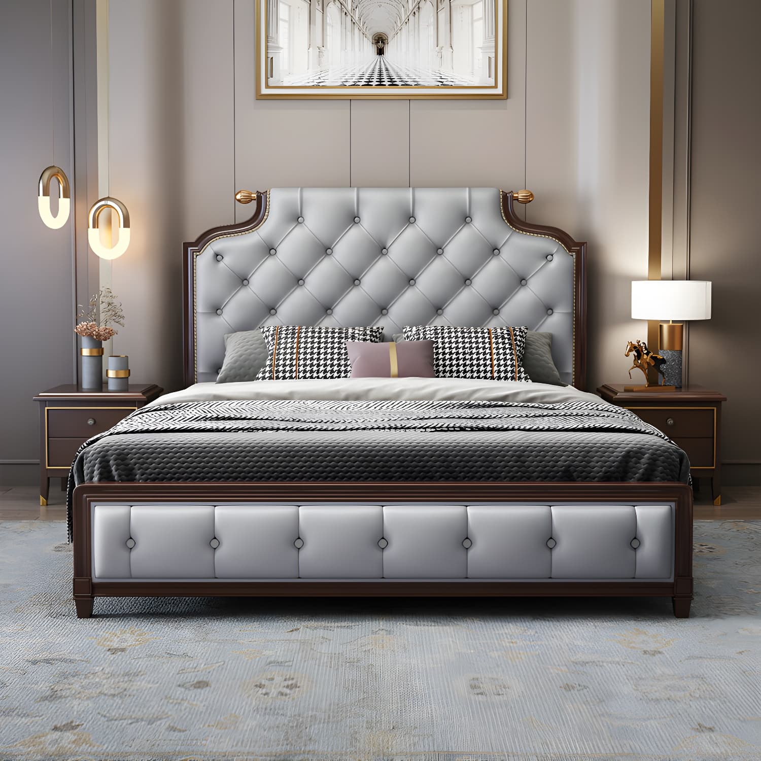 Tufted Upholstered Panel Bed with Nailhead Trim Victorian Solid Wood Bed Frame - image 5