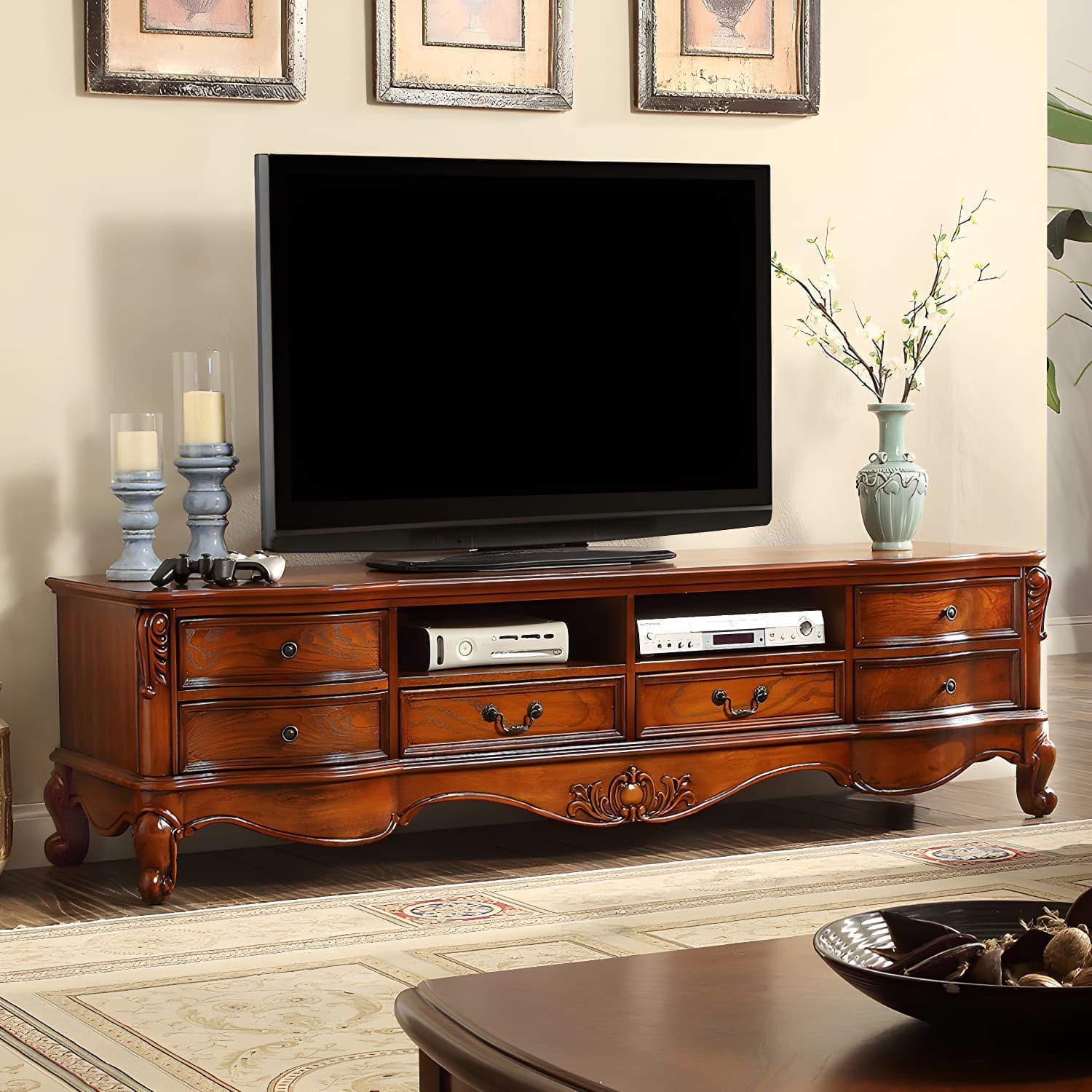 Brown Wooden TV Stand Console Traditional Style Home TV Cabinet with Drawers - image 3